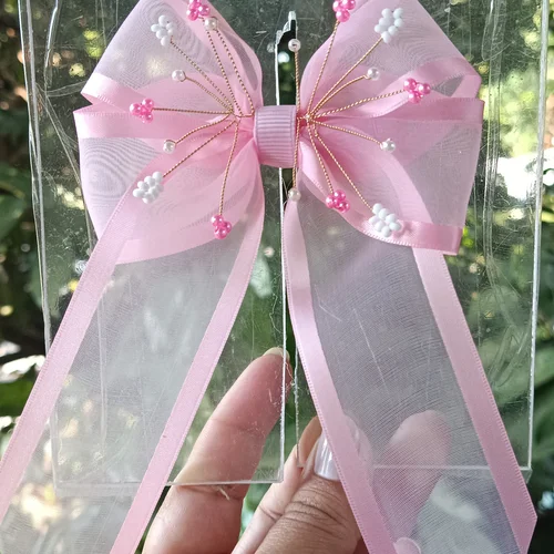 Laço Organza Rosa Delicado com Pérolas - Laço Artesanal Infantil Princesa de Laços